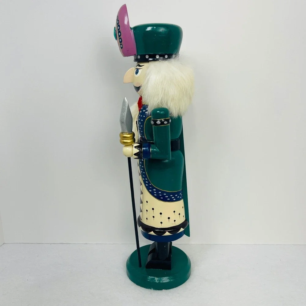 Vintage Wooden Nutcracker Soldier Green Cream Purple Jeweled Hat Spear 12 Inch